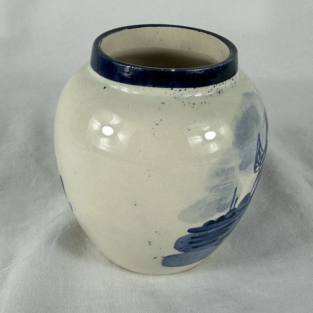 Vintage Delfts Handpainted Blue White Windmill Ginger Jar Pair Small 3.5
